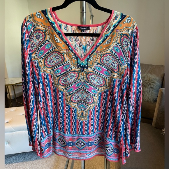 Tolani Silk Long Sleeve Pink Multicolor V neck shirt blouse size small or medium - Picture 3 of 10